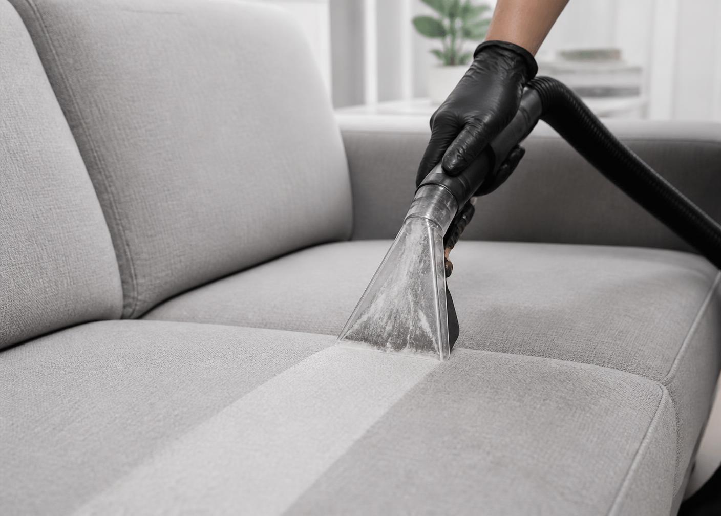Tiefenreinigung eines hellen Stoffsofas mit professionellem Extraktionsgerät
