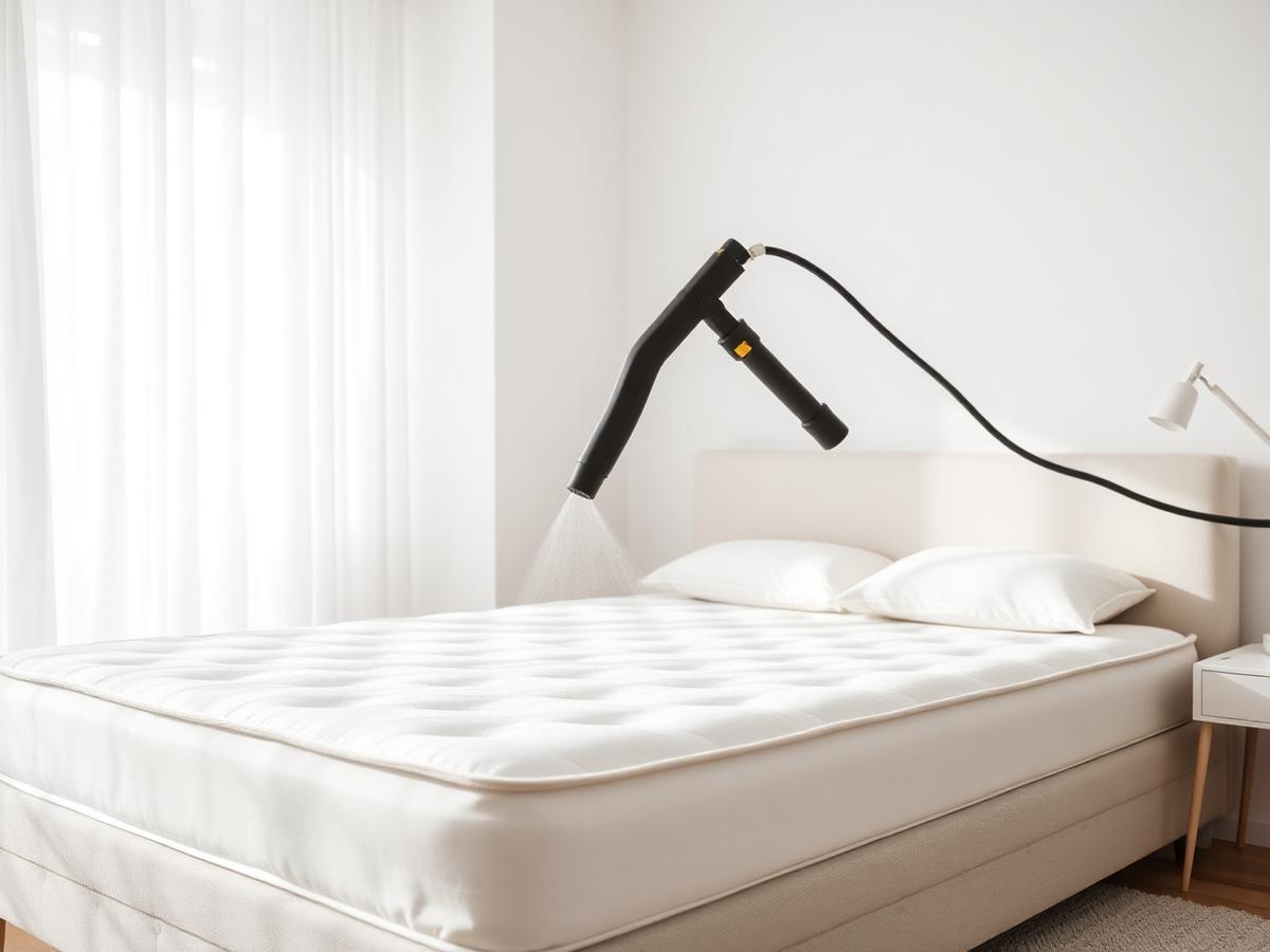 Matratze in einem hellen Schlafzimmer wird professionell gereinigt